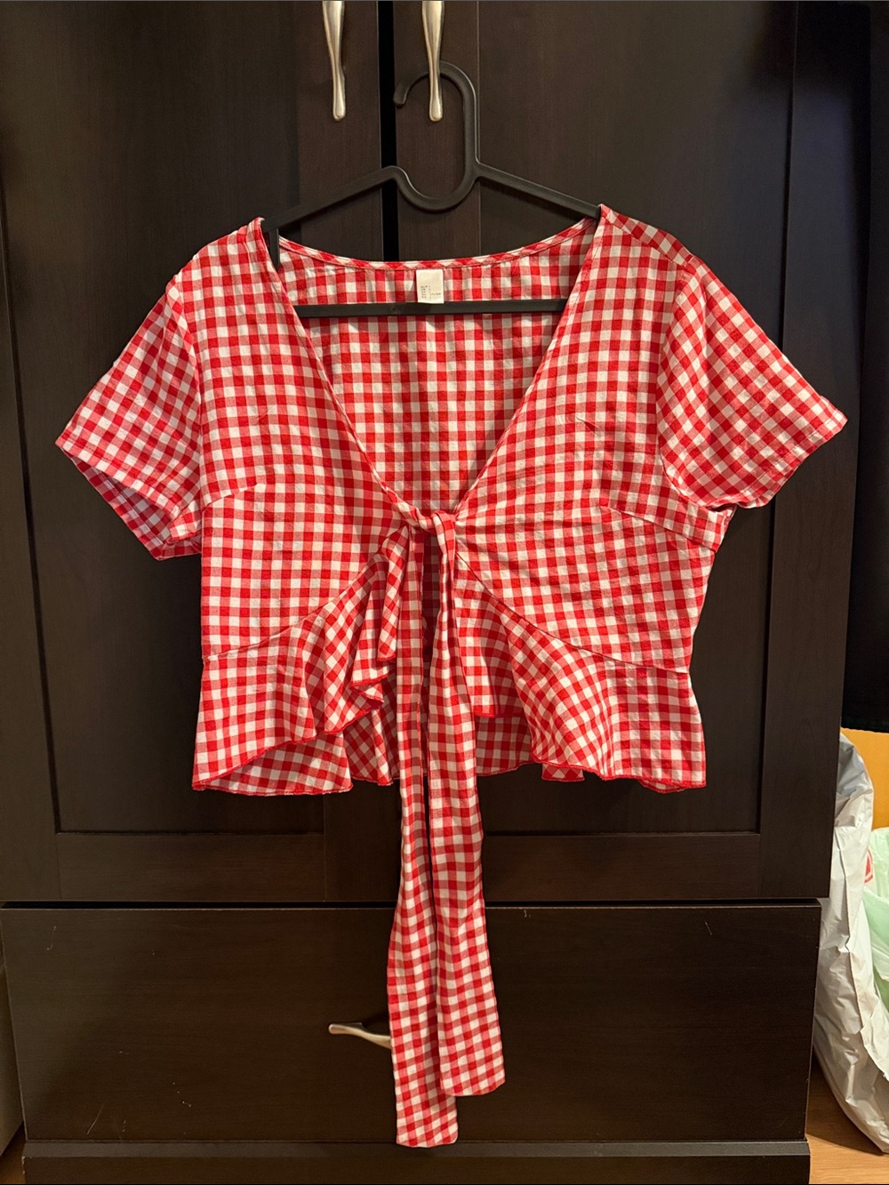 FOREVER 21 Red and White Gingham Tie-Front Crop Top
